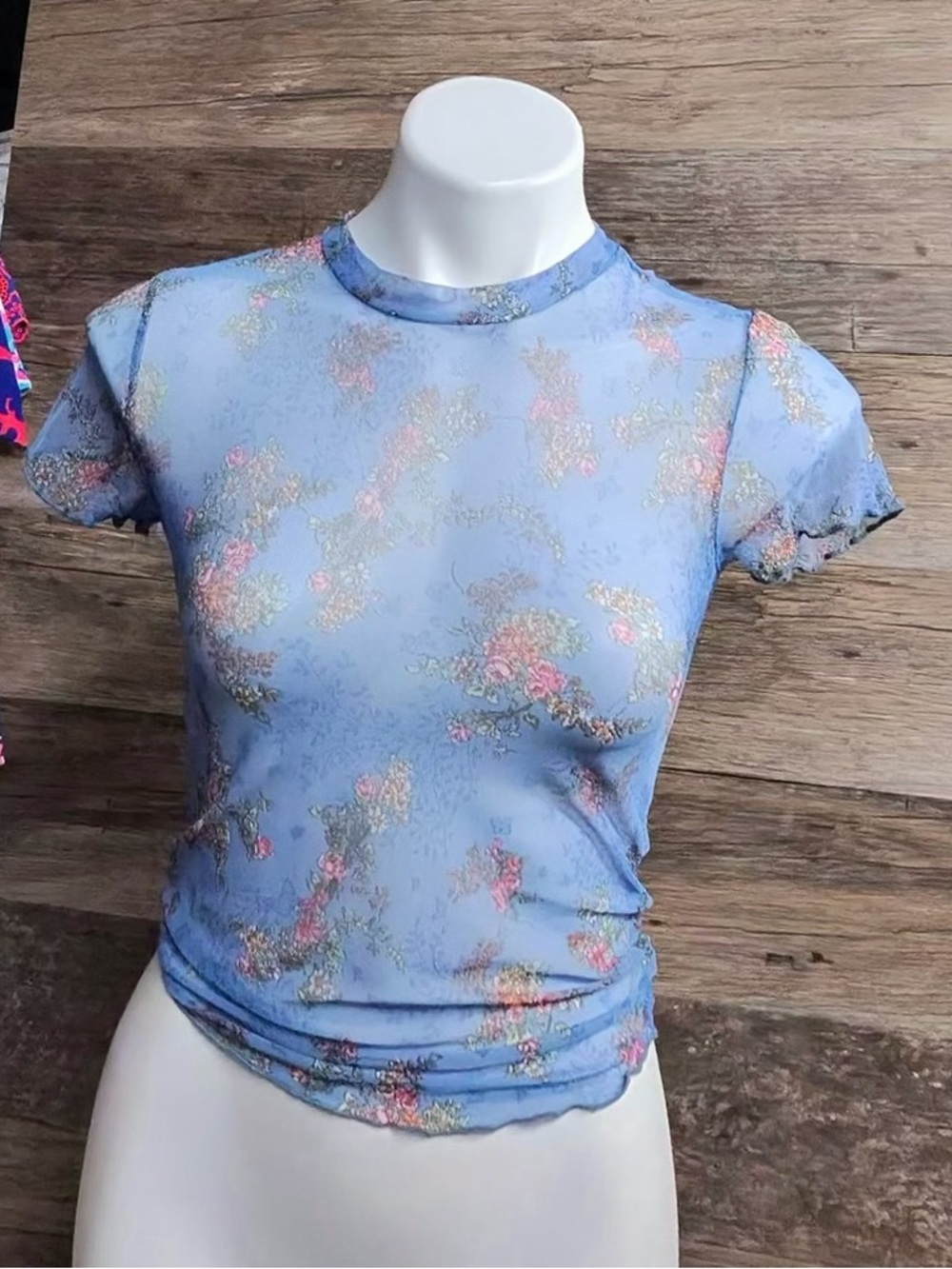 Vibe Light Blue Floral Mesh Short Sleeve Top